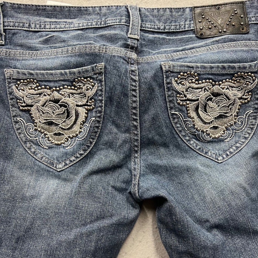 Guess Starlet Straight Leg Jeans Womens 28 Blue Y2K Rose Embroidered Studded